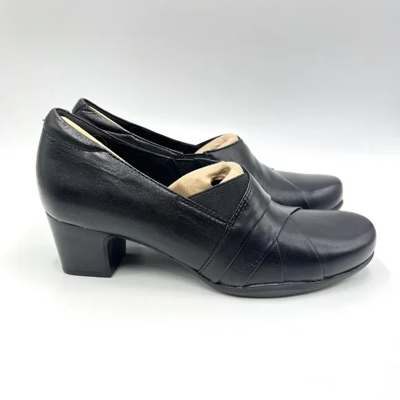 7N NARROW Clarks Womens Rosalyn Adele Black Leather Heeled Loafers Pumps  Shoes